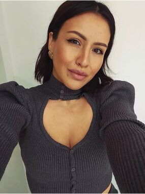 Zara Mock Neck Cut Out Ribbed Long Sleeve Button Front Sweater